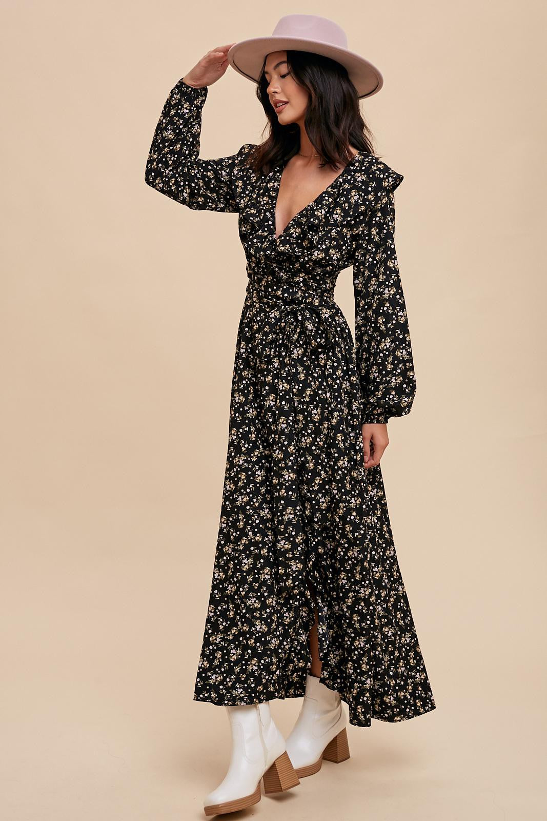 NEW SEASON BLACK FLORAL MAXI WRAP DRESS | Shelvie Jean NEW SEASON BLACK FLORAL MAXI WRAP DRESS | Shelvie Jean