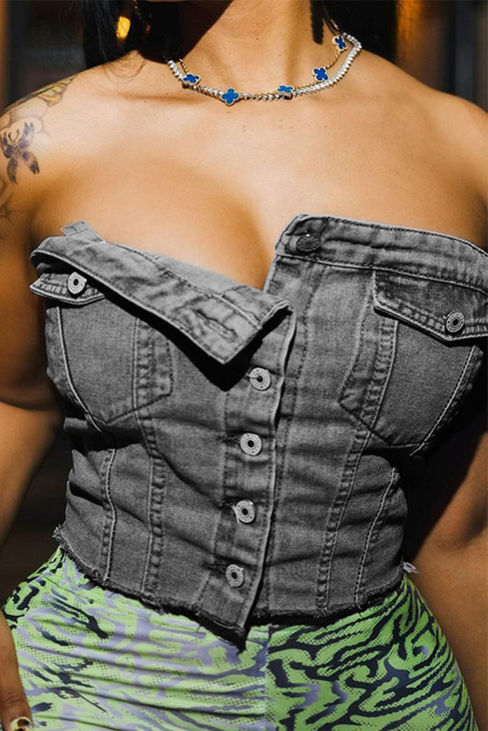 LESS OF DENIM OFF SHOULDER CROP TOP (BLUE AND BLACK) Shelvie Jean