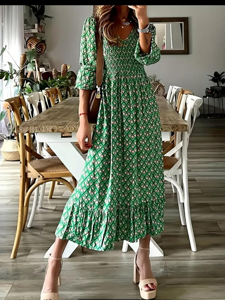 French Out to Lunch Green Print Midi Dress